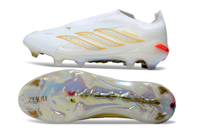 Adidas Predator 26 Elite Laceless FG Firm Ground Soccer Cleats - White/Golden Touch/Iridescent Shine