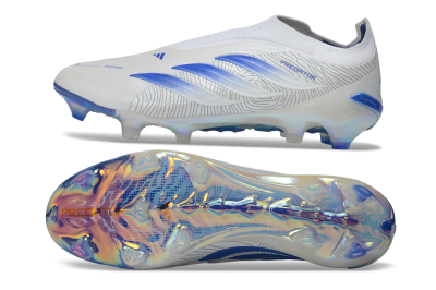 Adidas Predator 26 Elite Laceless FG Firm Ground Soccer Cleats - White/Cloud White/Lucid Blue