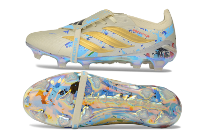 Adidas Predator 26 Elite Fold-Over Tongue FG Firm Ground Soccer Cleats - Beige/Metallic Gold/Iridescent Blue