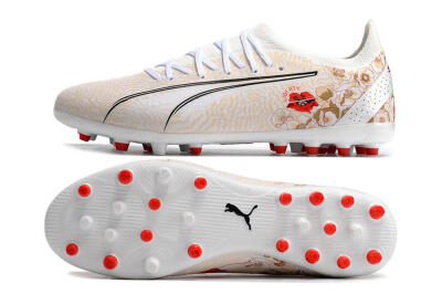 Puma Ultra Ultimate MG Multi Ground Soccer Cleats - White/Gold/Red