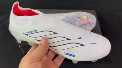 Adidas Predator 26 Elite Laceless FG Firm Ground Soccer Cleats - White/Electric Blue/Iridescent Silver