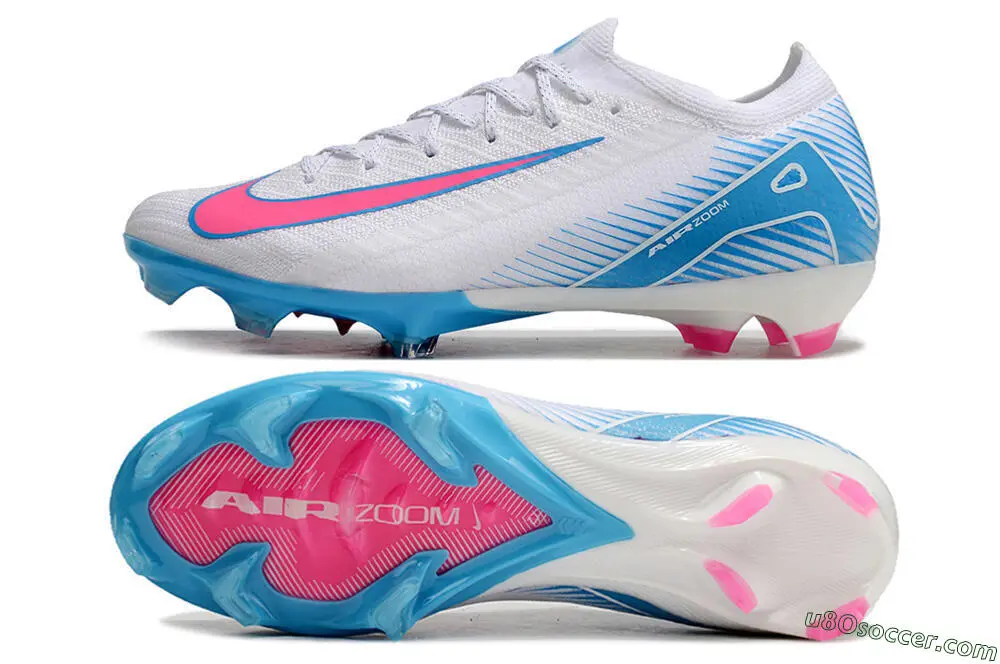 Zapatos de fútbol de suelo firme FG en colores blanco, rosa y azul
