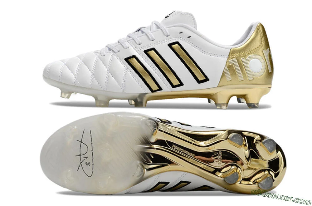 Botines de fútbol de tierra firme blanco oro negro FG | AdiPure