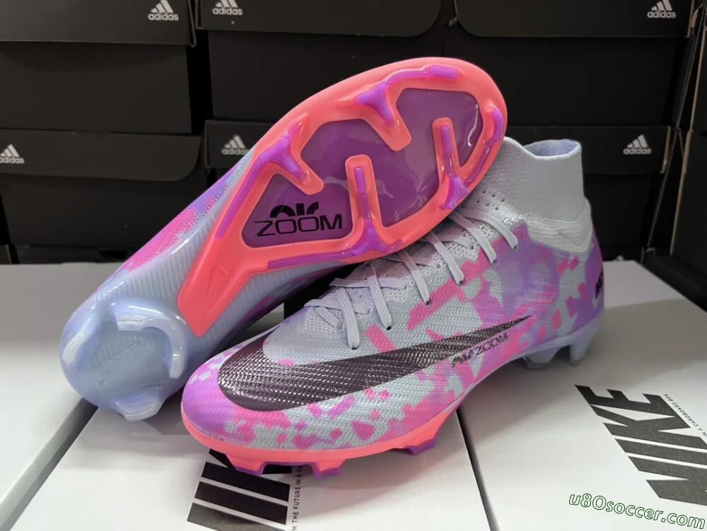 Botines de fútbol FG Azul, Púrpura y Rosado: Nike Air Zoom